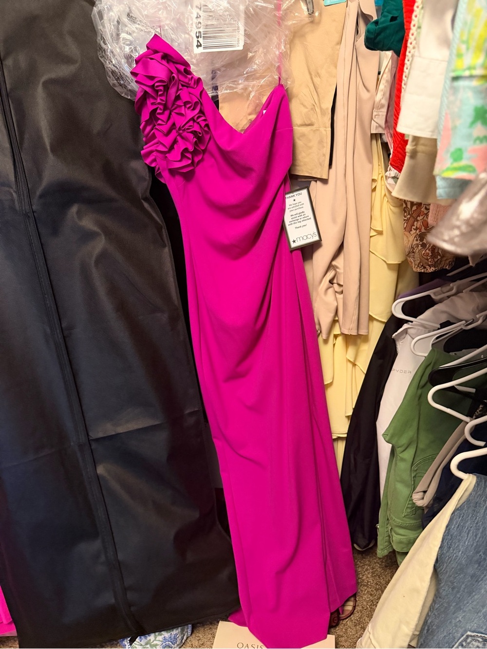 Macy's Hot Pink One-Shoulder Ruffled Evening Gown